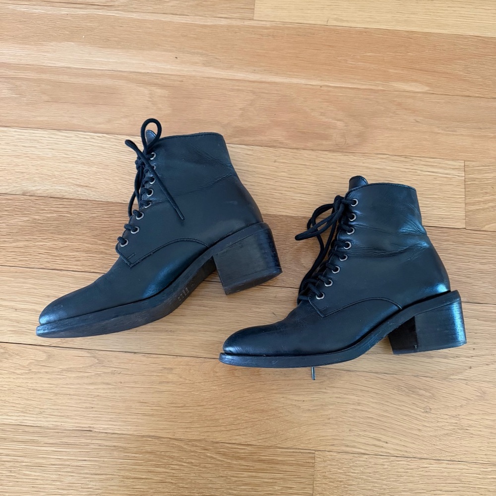Black Leather Lace Up Ankle Boots - Picture 9 of 12